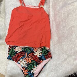 Coral Tankini Top with Tropical Print Bottoms